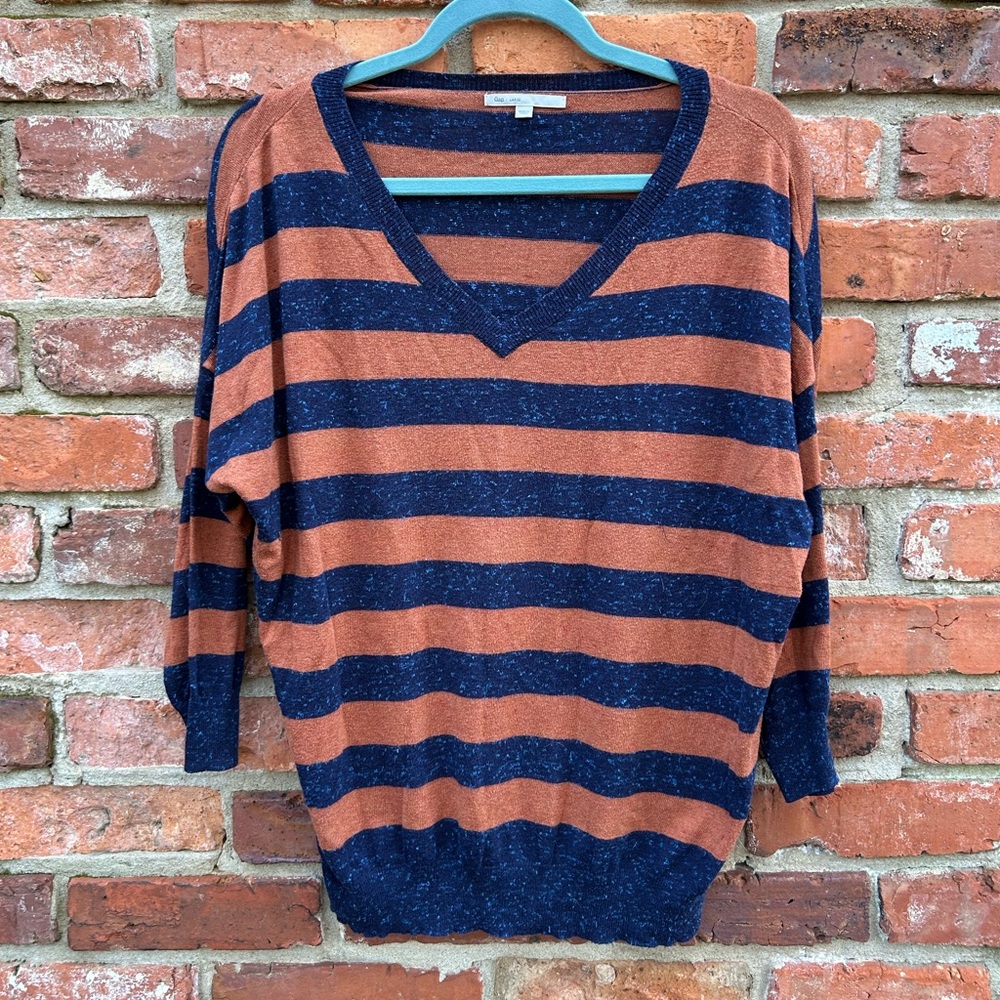 GAP Y2K Striped V-Neck Dolman Sleeve Sweater Navy Brown Womens L
